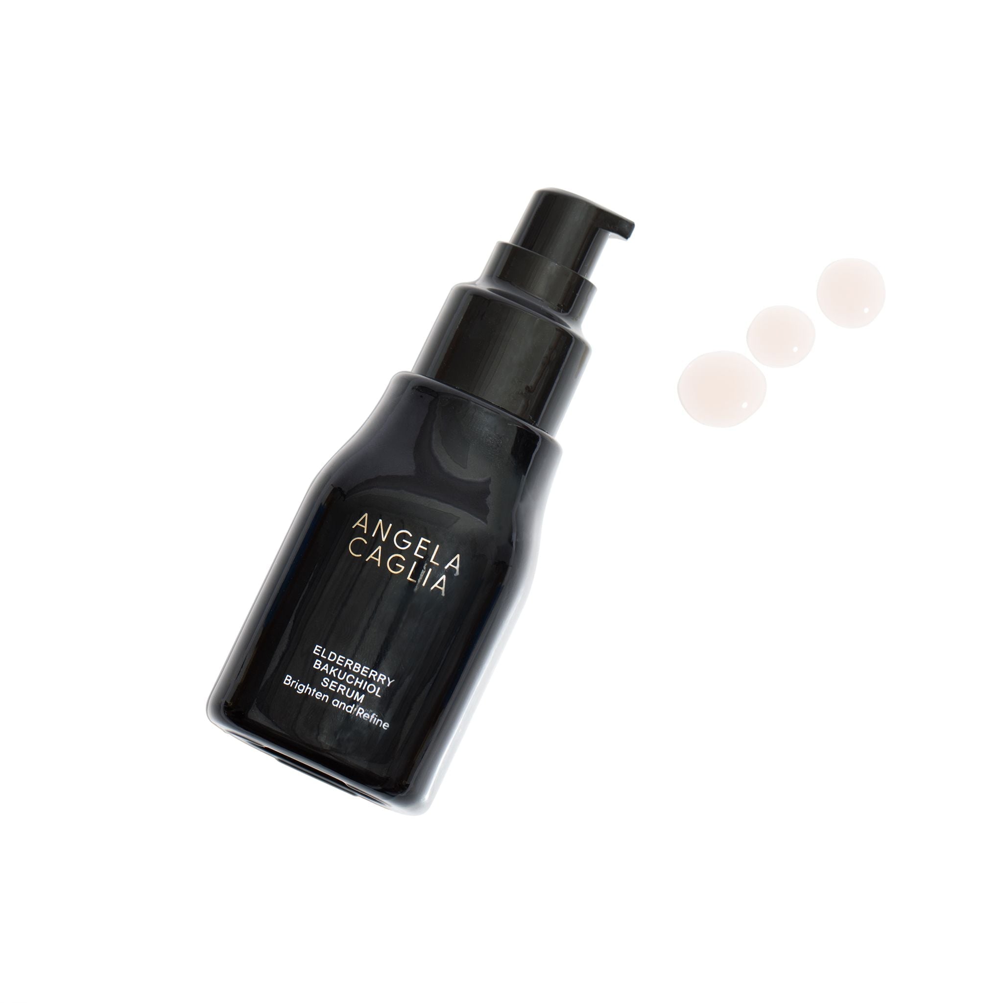 Black pump bottle with label 'ANGELA CAGLIA ELDERBERRY BAKUCHIOL SERUM Brighten and Refine' and three pale serum droplets
