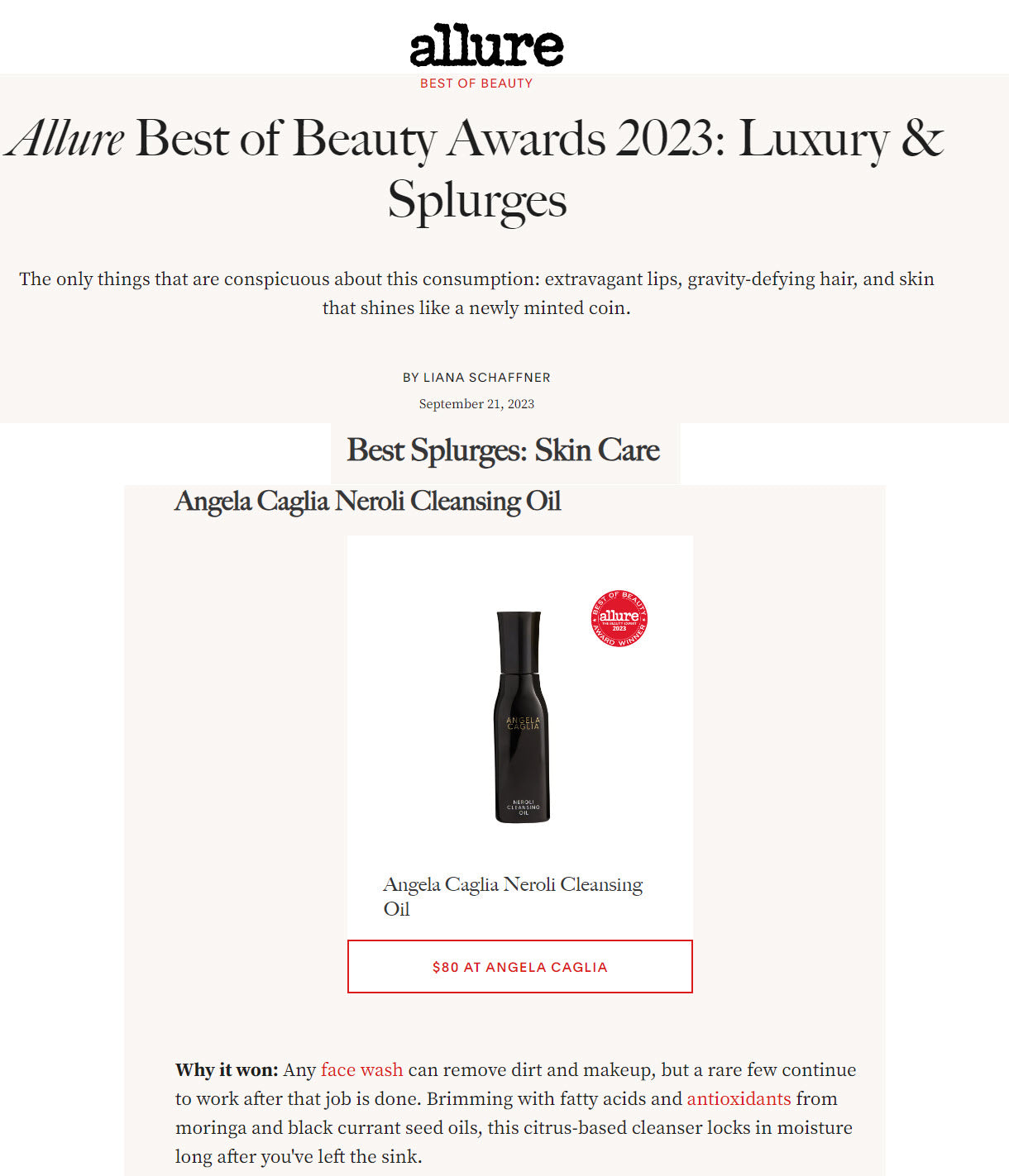 Allure Magazine Best of Beauty Award Neroli Cleansing Oil