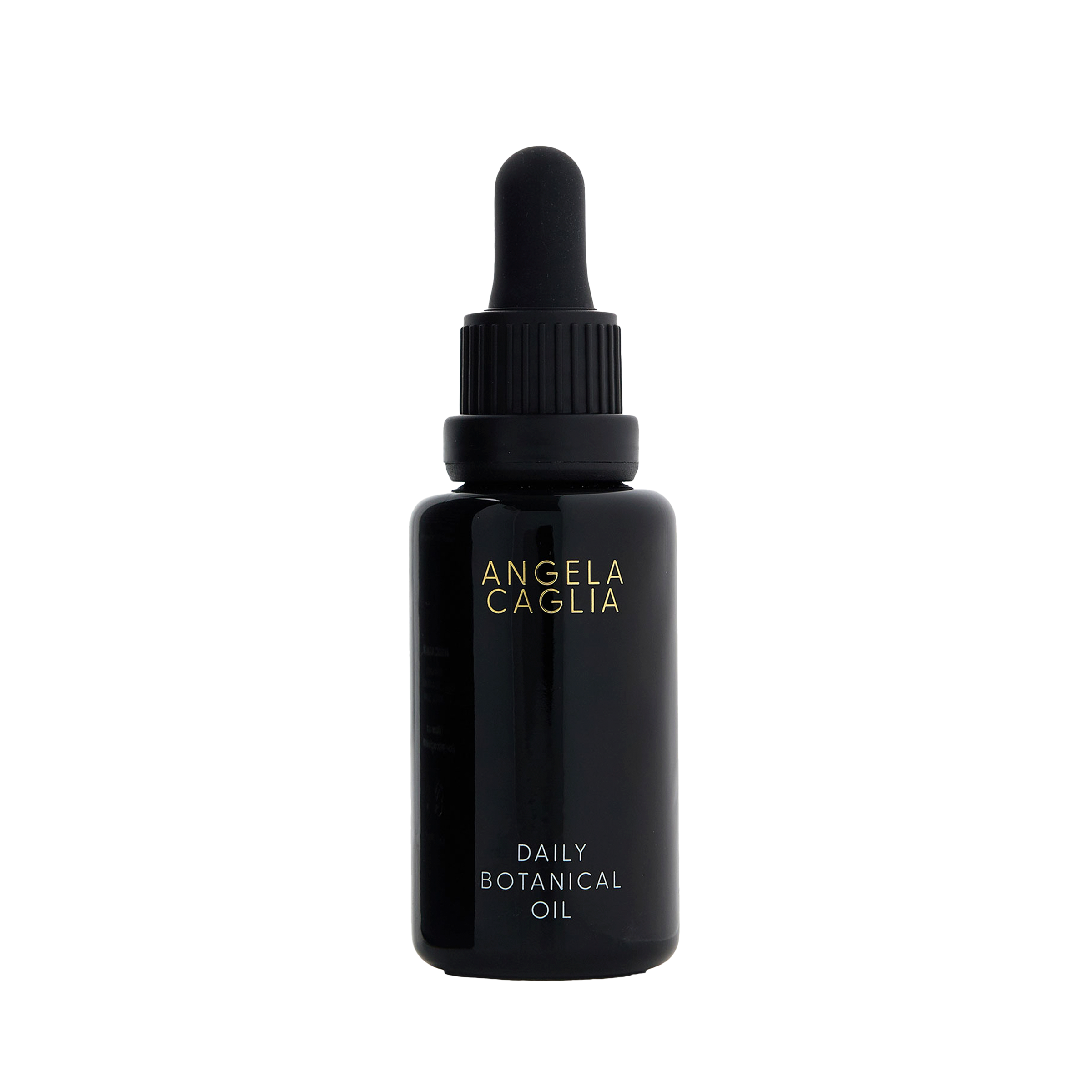 Black oil bottle with black dropper top white background.