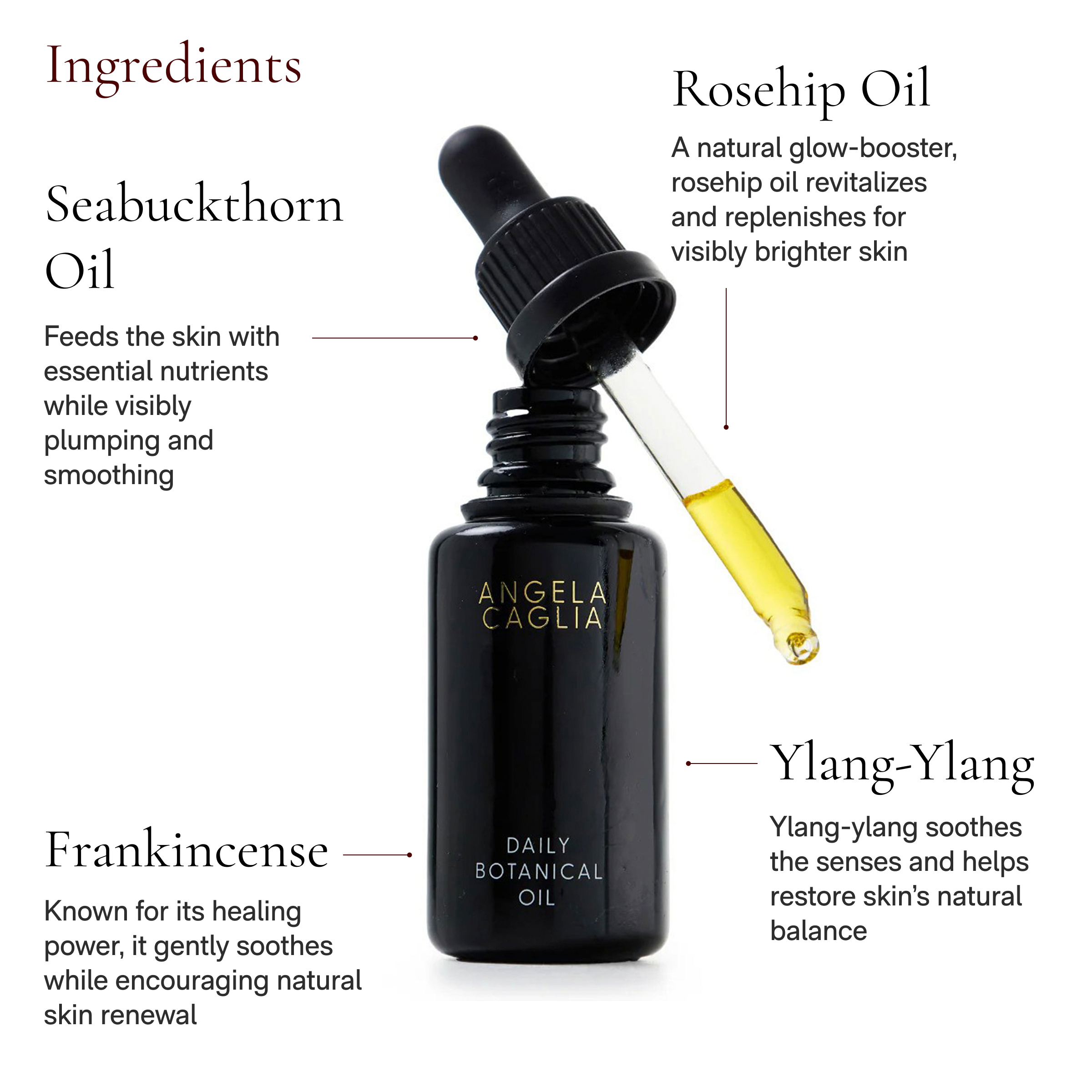 black bottle with exposed dropper with oil plus 4 callout ingredients.