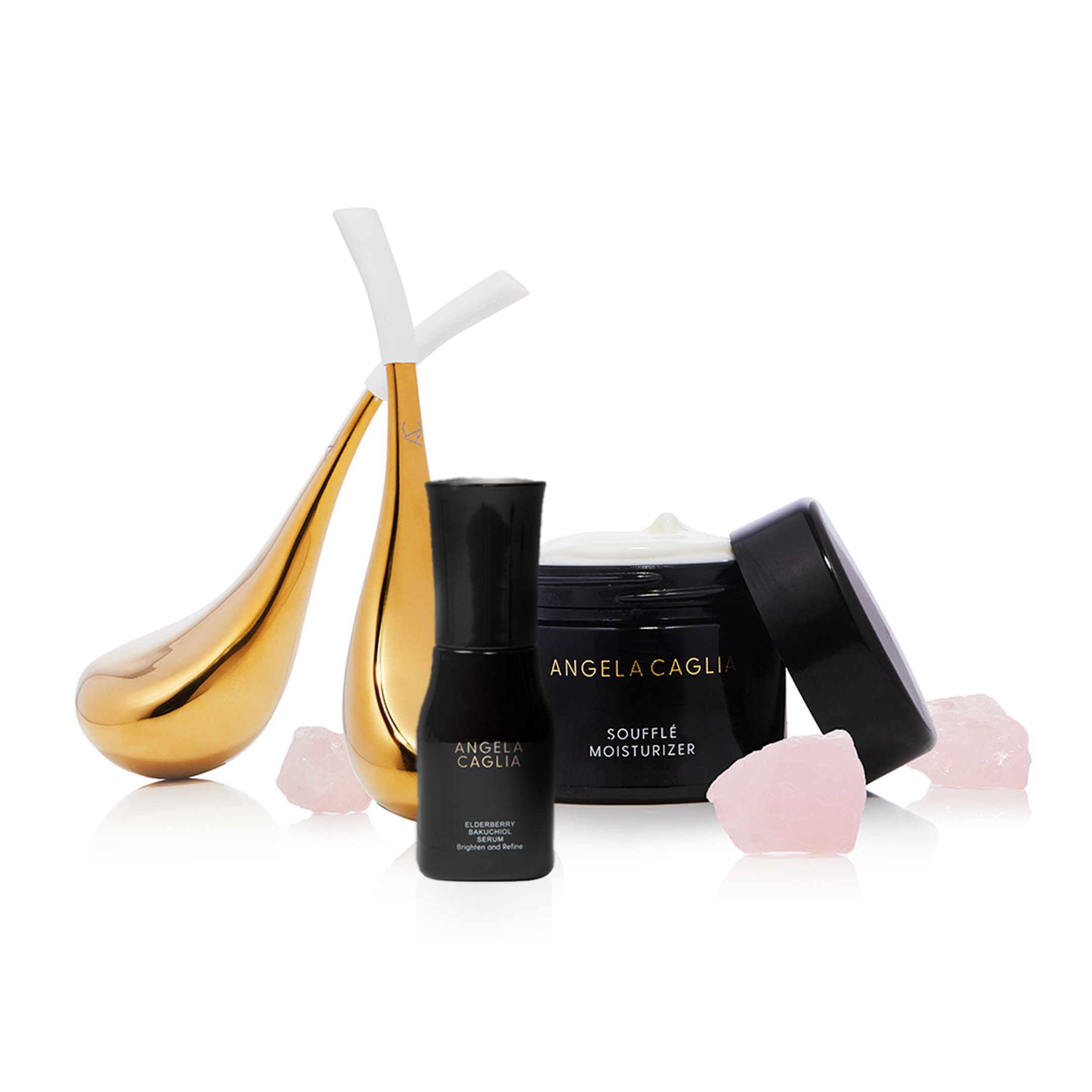 Gold Cryo, Elderberry Bakuchiol and Soufflé Moisturizer, white background.