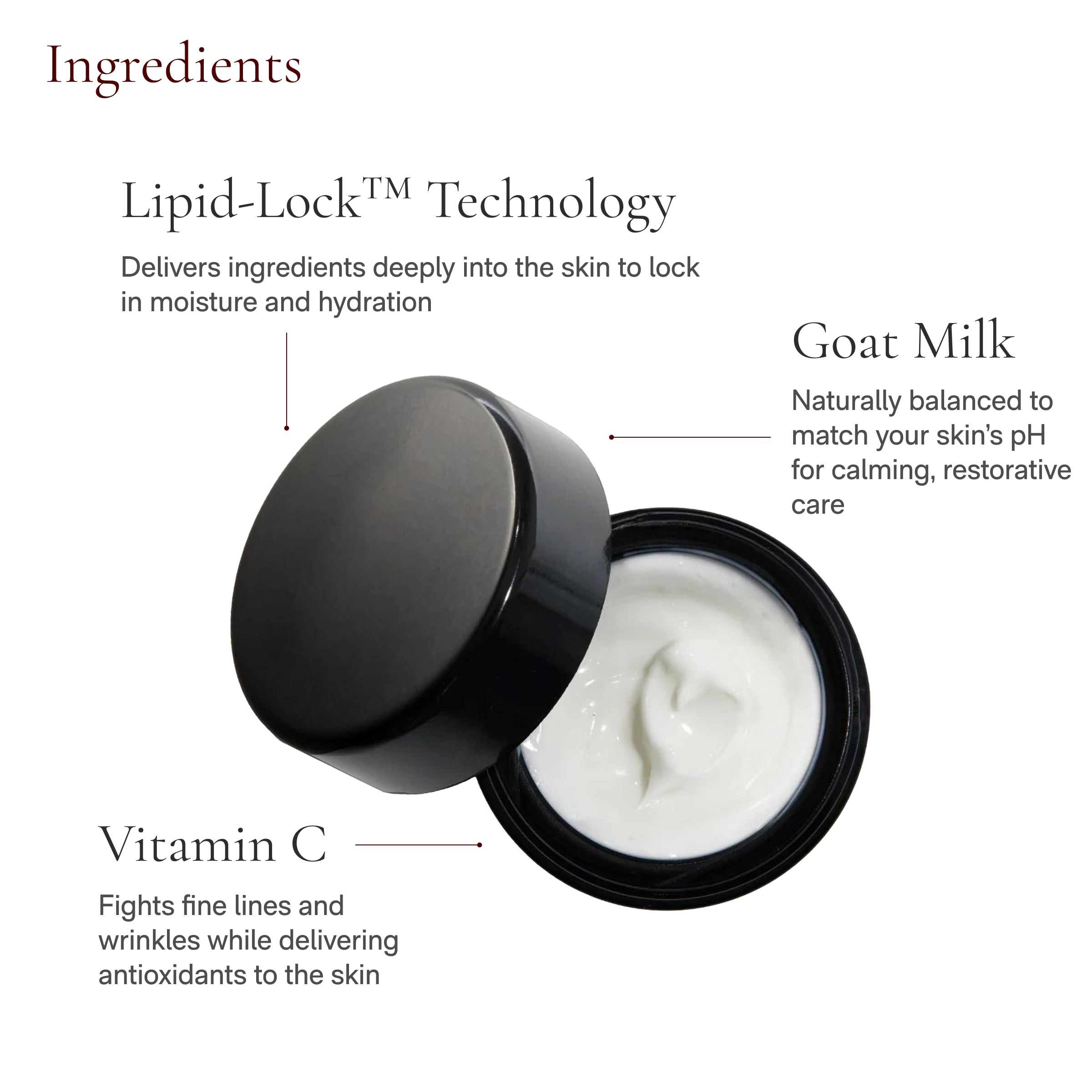 Open jar with white cream plus 3 callout ingredients.